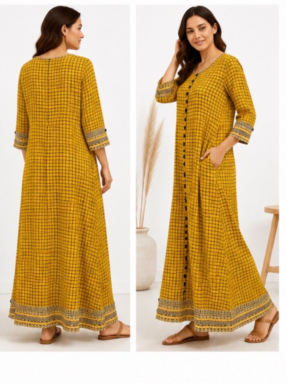 NWT Designer Yash Gallery Maxi Dress Mustard Yellow Check Print Boho Sz XL